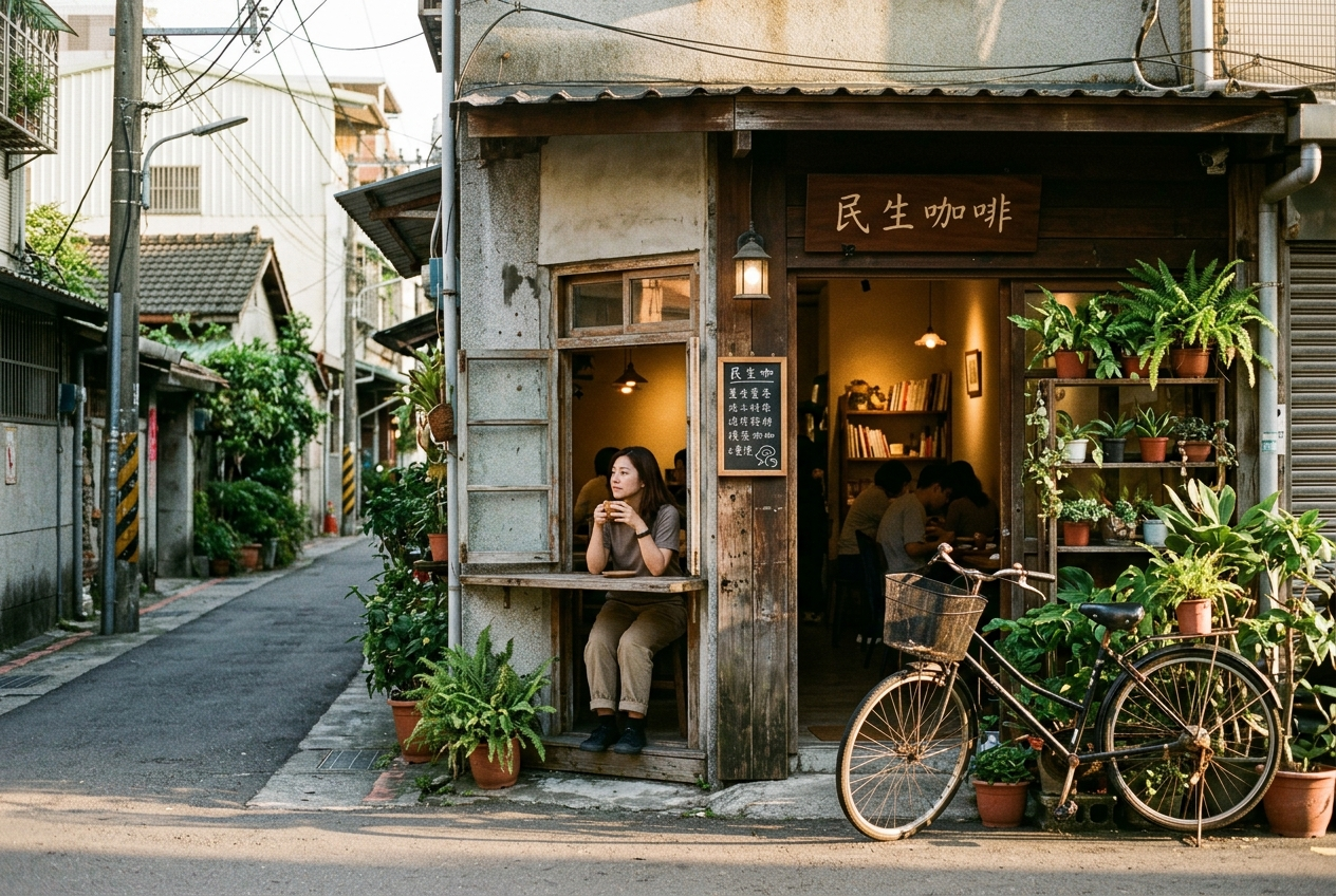 A small Taiwanese neighbourhood cafe storefront with potted plants and a bicycle, seen from across a quiet lane