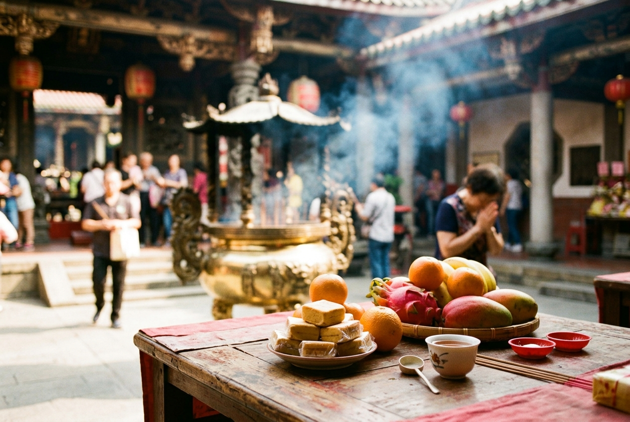 An offering table in a Taiwanese temple courtyard with fruit, pastries, and tea, incense smoke behind