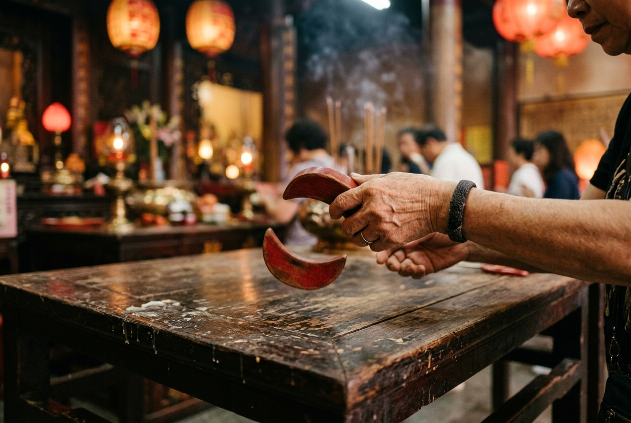 Two red crescent-shaped wooden jiaobei divination blocks held above a temple table