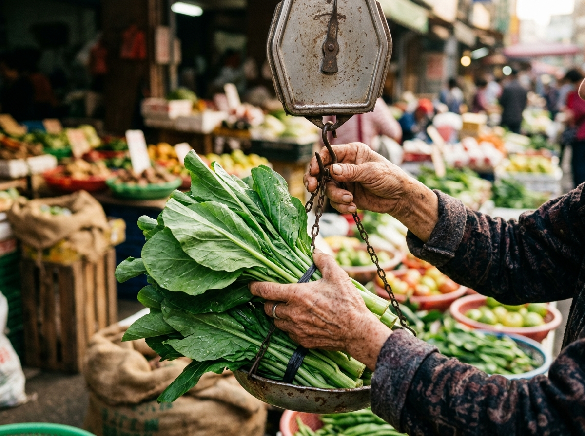 An older market vendor's hands weighing a bunch of leafy greens on a hanging scale in morning light