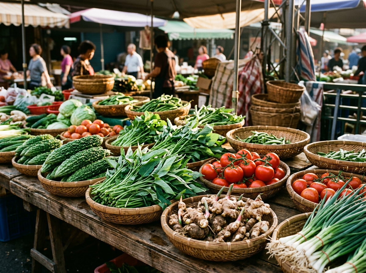 Woven bamboo baskets of glossy fresh vegetables piled on a market stall table in raking morning light