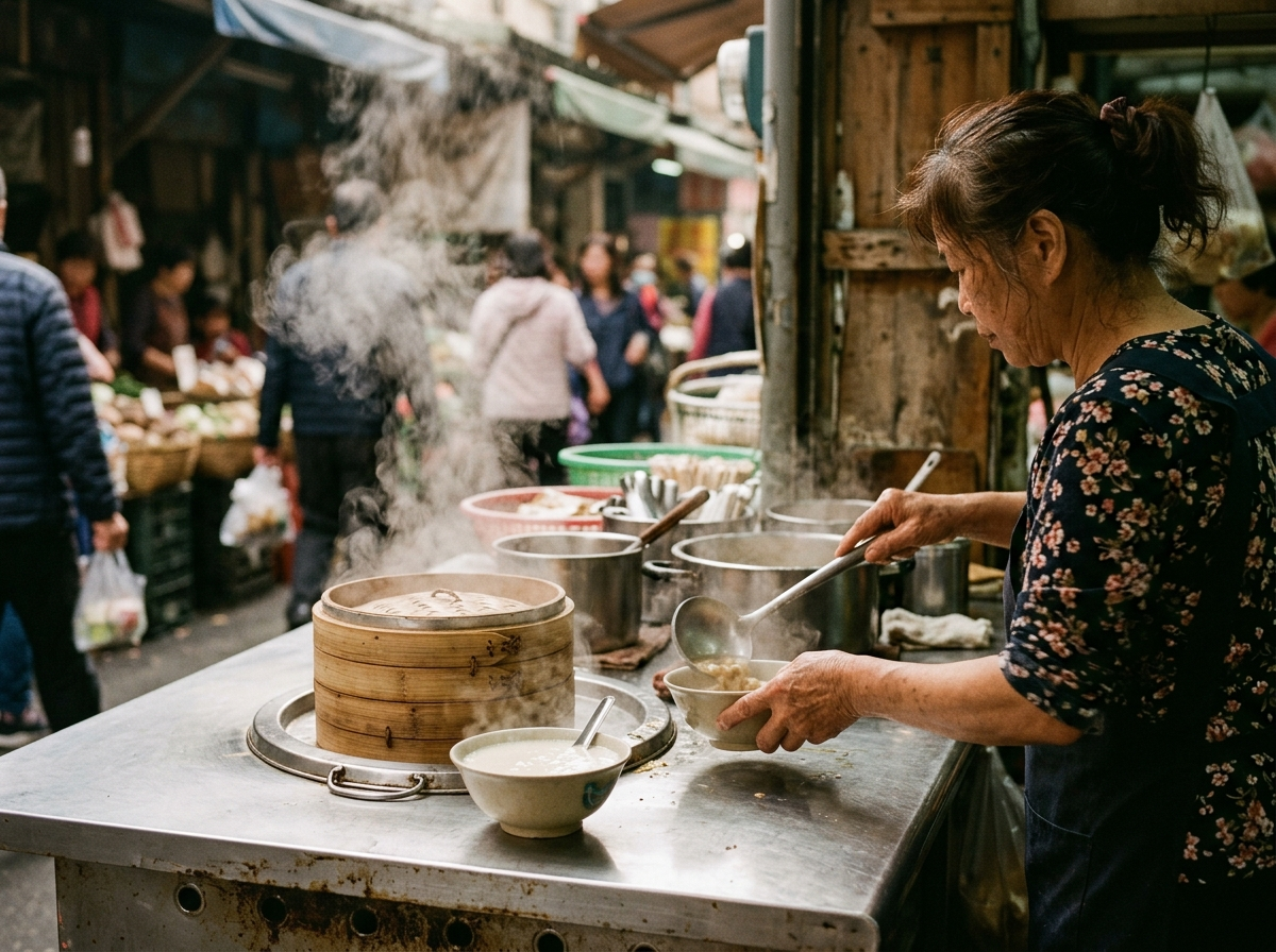 Steam rising from a small food stall inside a morning market, a bamboo steamer and a bowl of hot soy milk on the counter