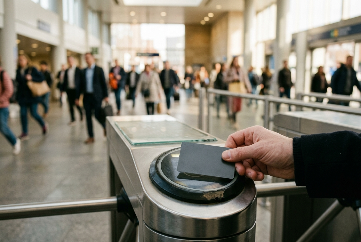 A hand tapping a transit smartcard on a turnstile reader in a bright metro station