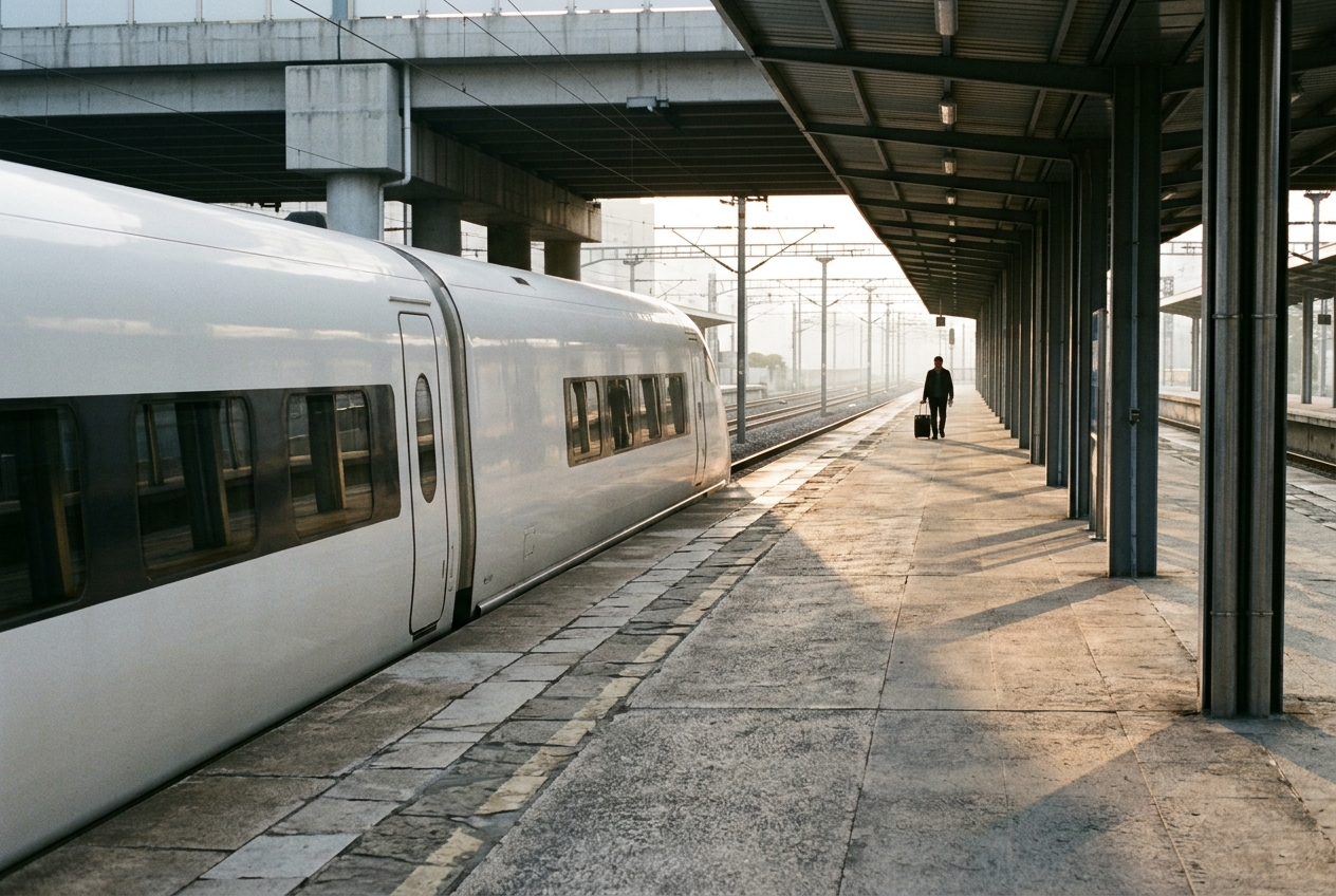 A sleek white high-speed train at an empty station platform in early morning light