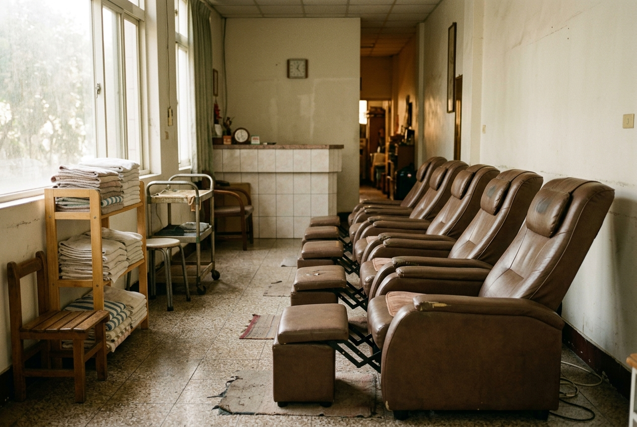 A quiet row of reclining massage chairs in a modest Taiwanese neighbourhood massage shop