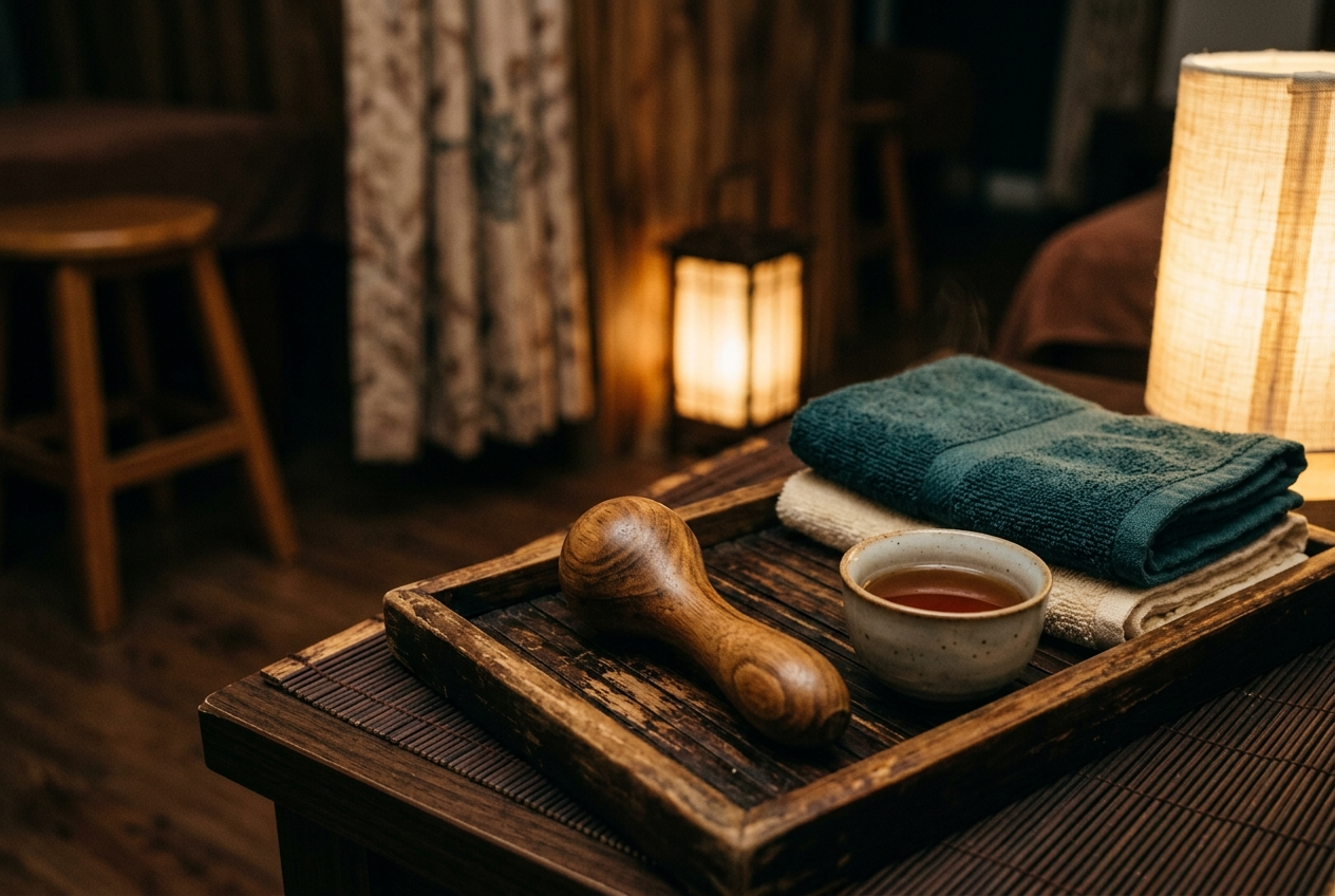 Close up of a wooden massage tool, a cup of tea, and folded warm towels on a tray in a dim massage parlour
