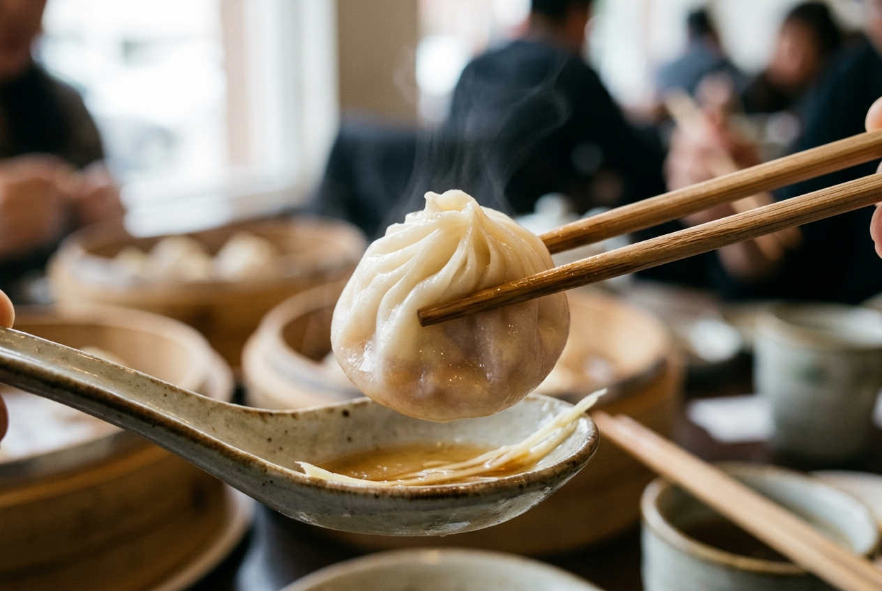 A single translucent Taiwanese xiaolongbao soup dumpling lifted on chopsticks over a spoon, thin skin glistening with broth inside