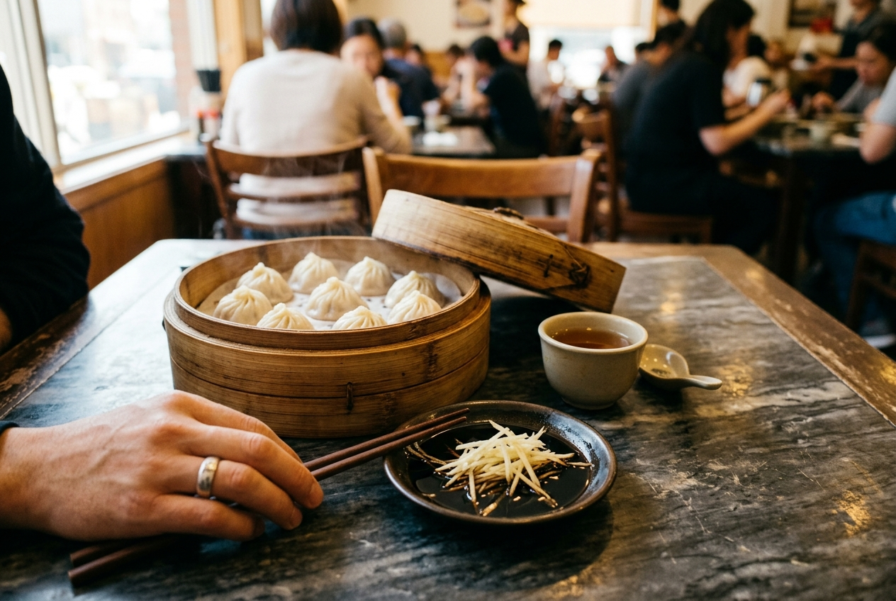A shallow dish of black vinegar with fine ginger threads beside a bamboo steamer of soup dumplings