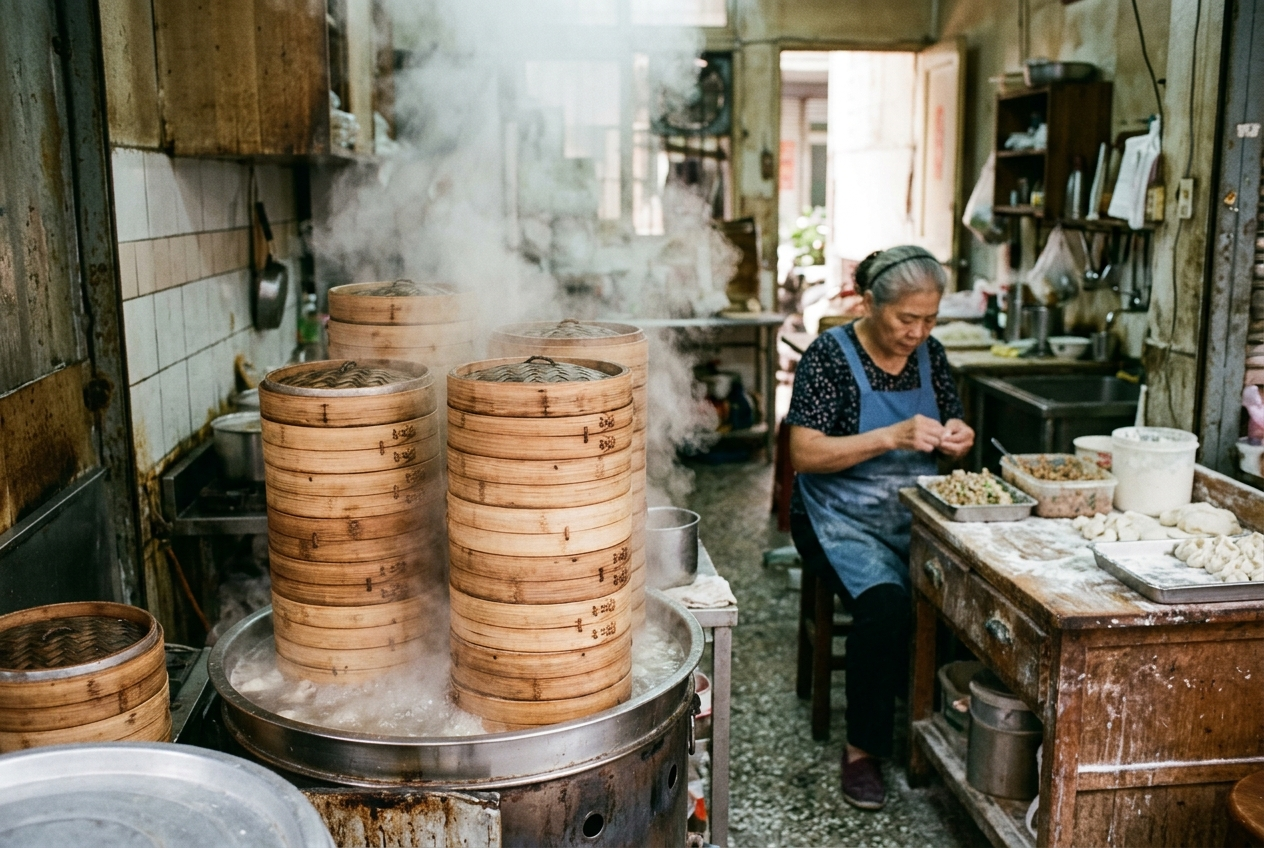 Steam rising from stacks of bamboo steamers at a small neighbourhood Taiwanese dumpling shop