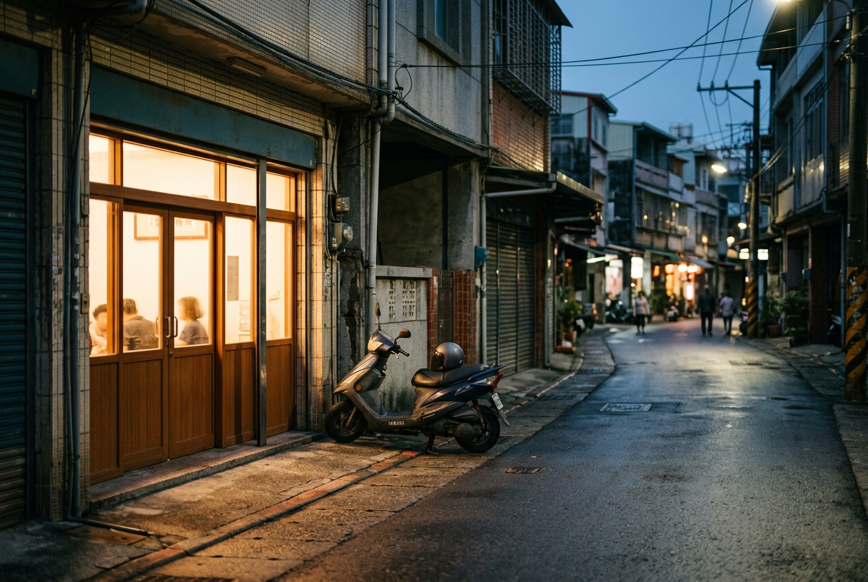 A warmly lit neighbourhood clinic glowing onto a quiet Taiwan street at dusk, a scooter parked outside