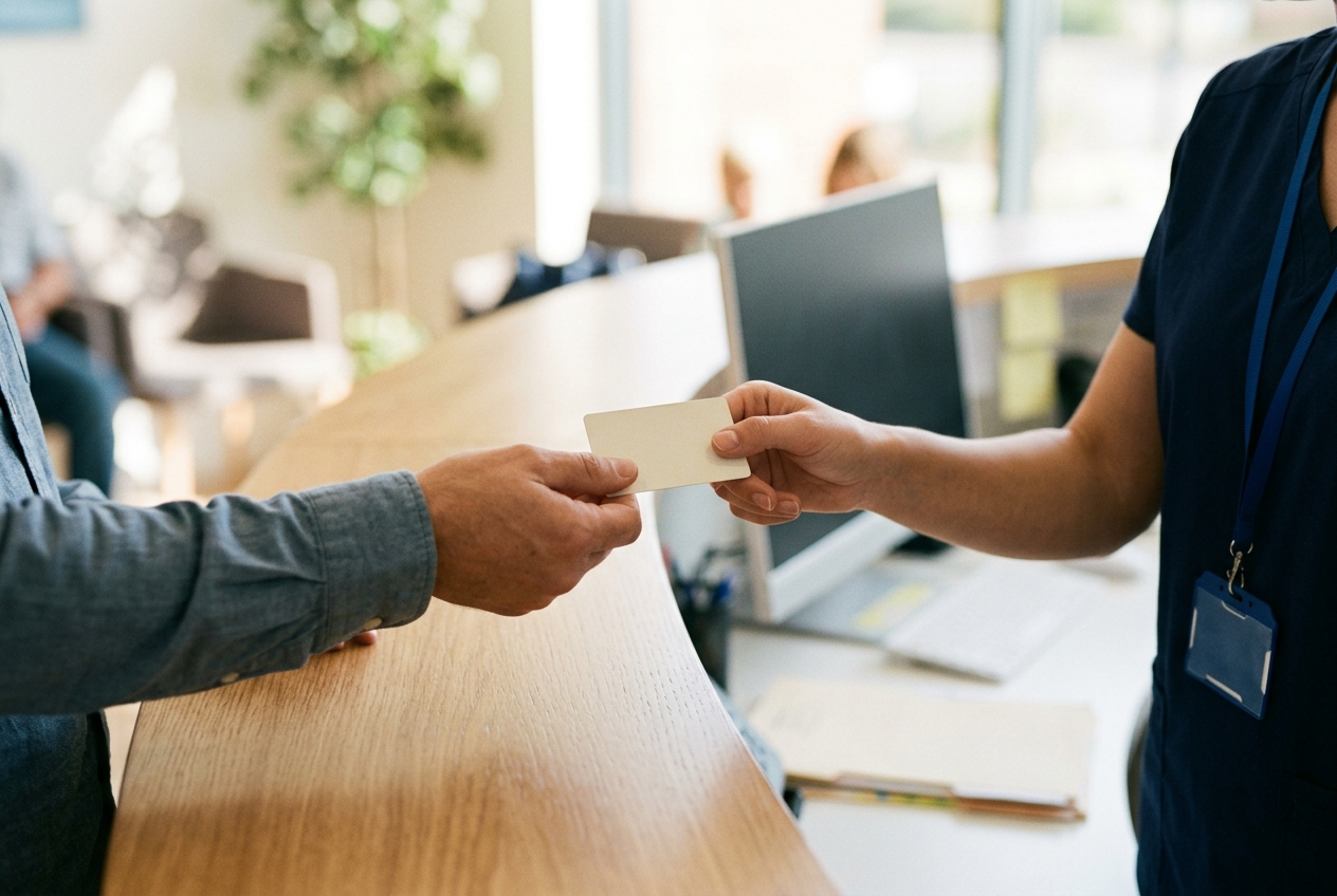 Two hands passing a plain health card across a clinic reception counter
