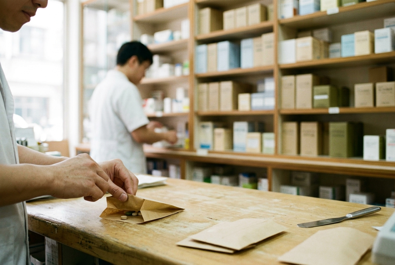 A pharmacist folding a small paper bag of medicine on a wooden counter, shelves of boxes behind