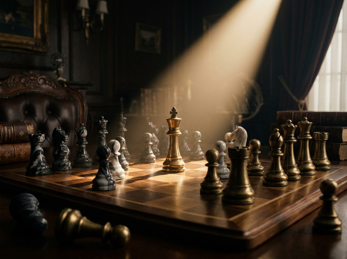 Silhouette of a suited figure walking across a backlit chessboard
