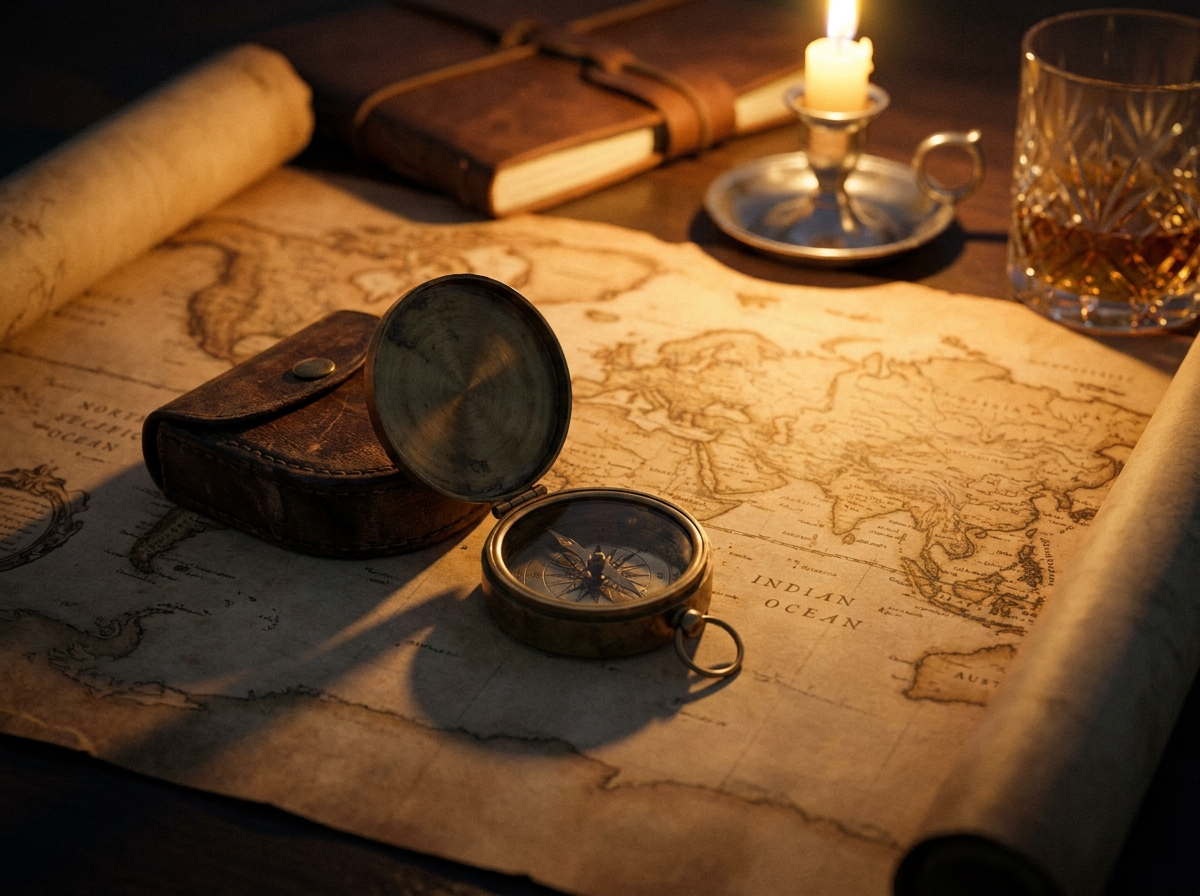 Antique compass over an illuminated world map
