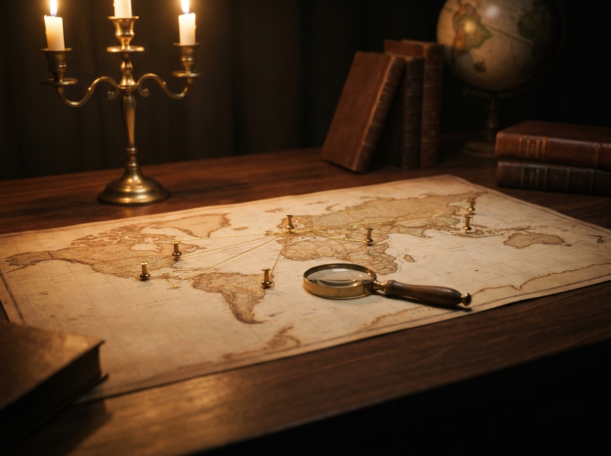 Vintage map with red string connecting pushpins across locations