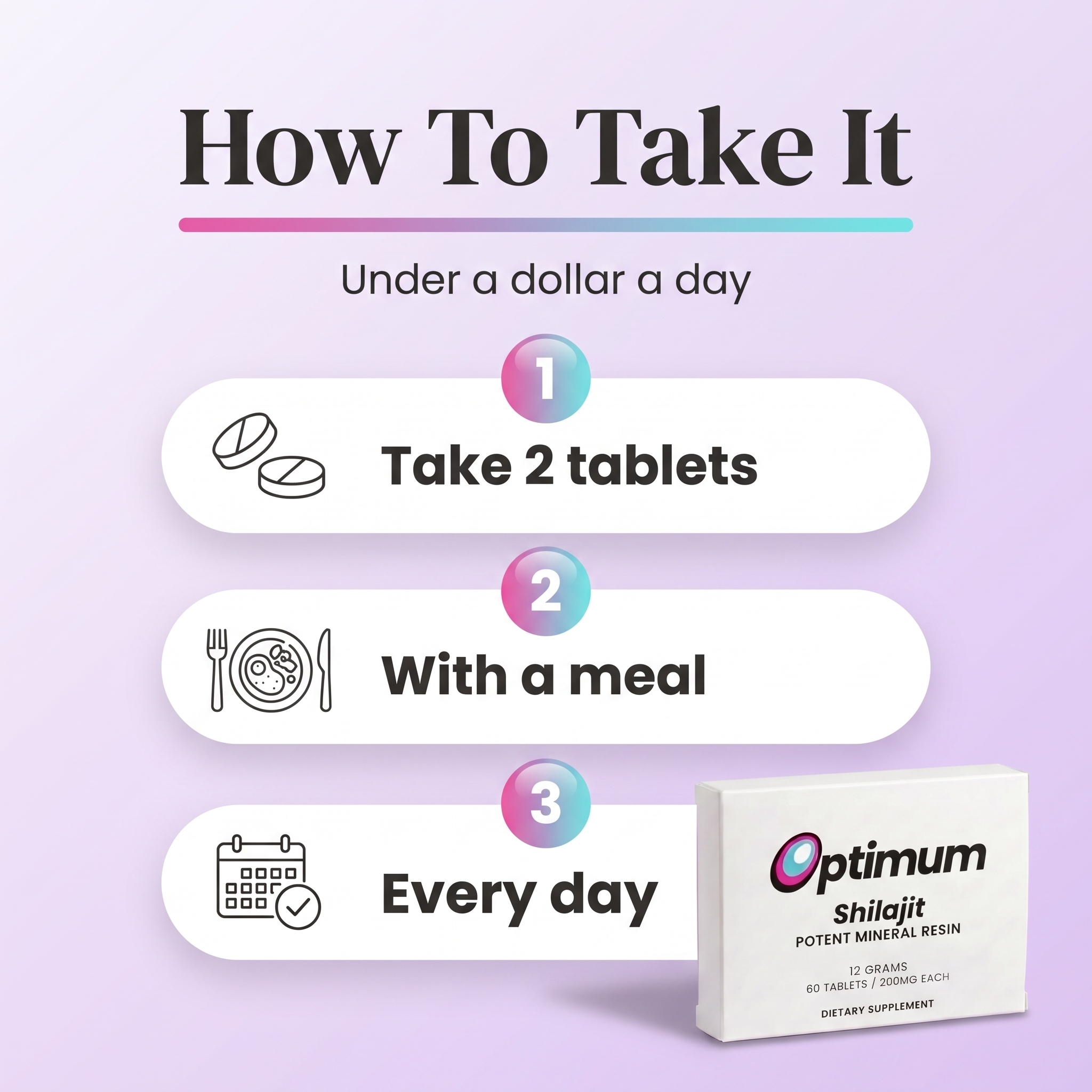 How to use, two tablets with a meal every day, under a dollar a day
