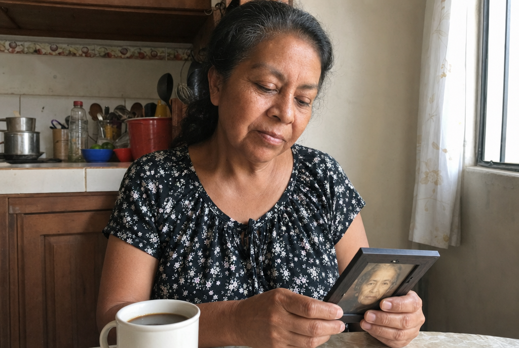 En la mesa de la cocina con la foto de su madre