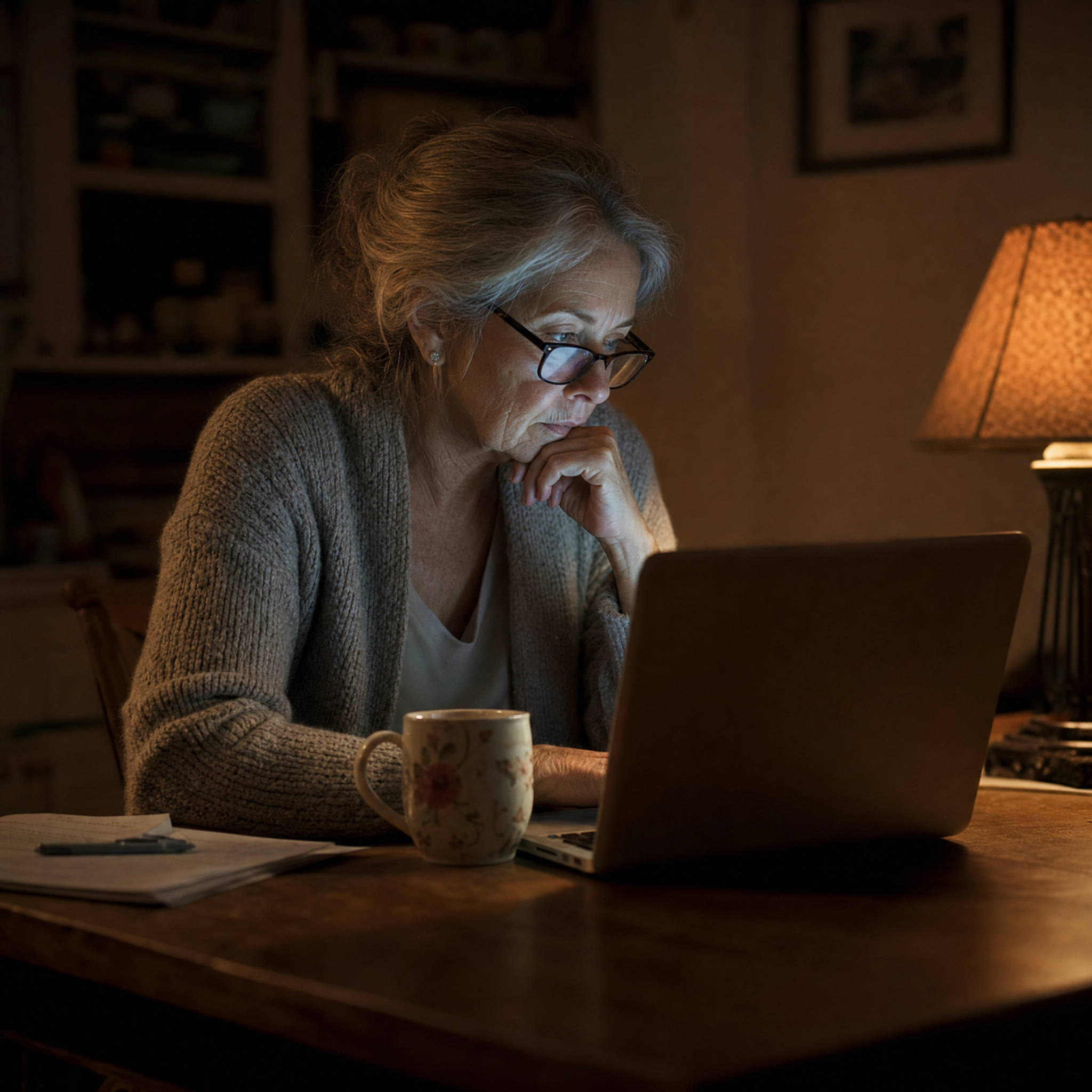 A woman researching her bone health late at night