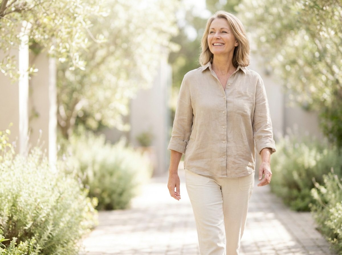Woman walking comfortably and pain-free outdoors