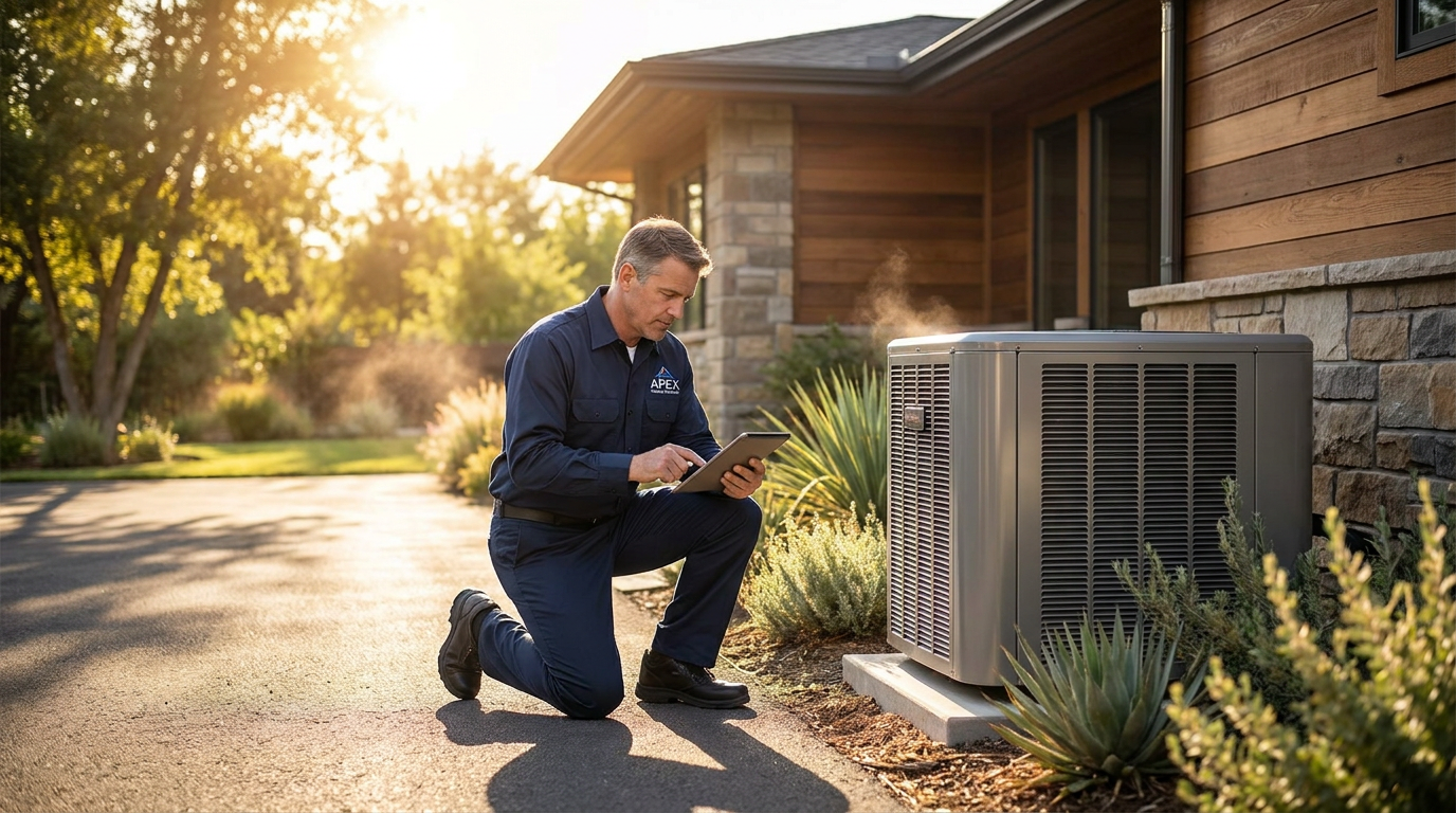 Pacific Express Air technician servicing an AC unit