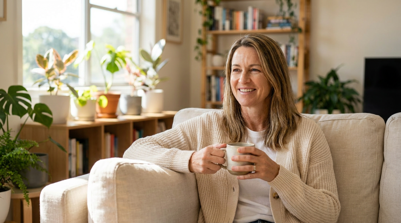 Emma R., relaxed at home