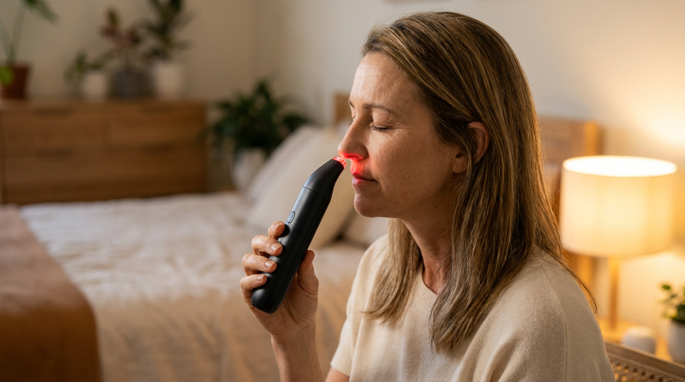Red light nasal therapy device in use