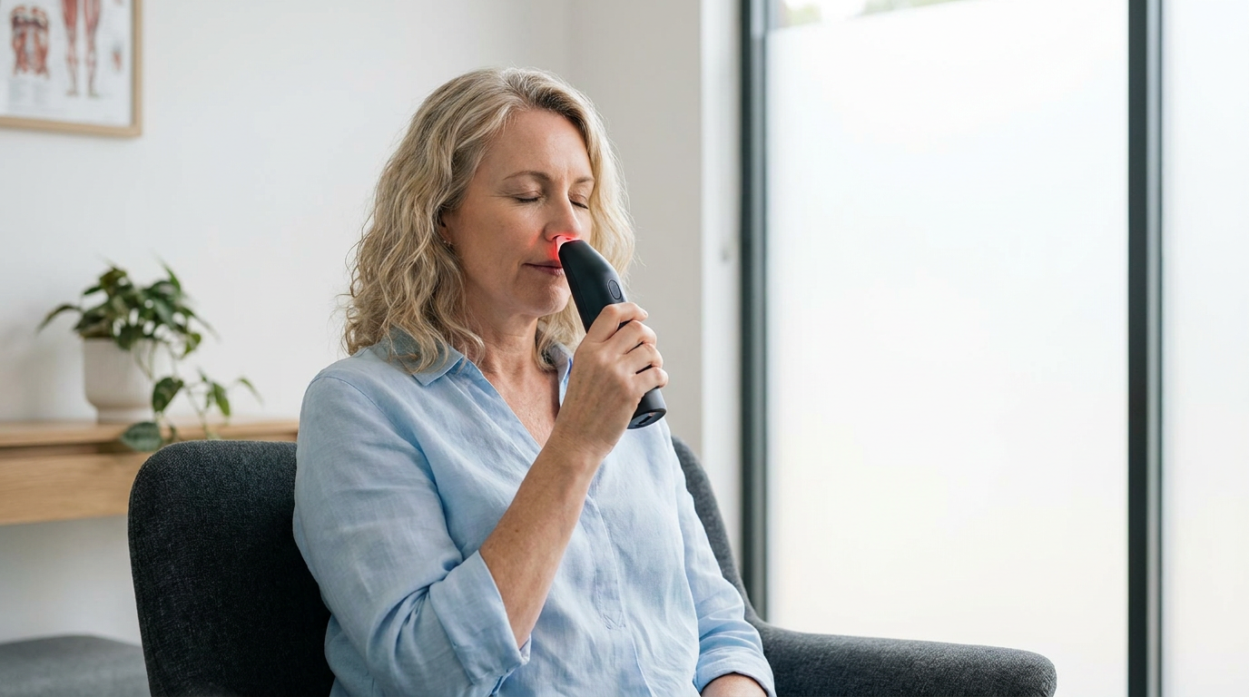 Woman using nasal device in consultation