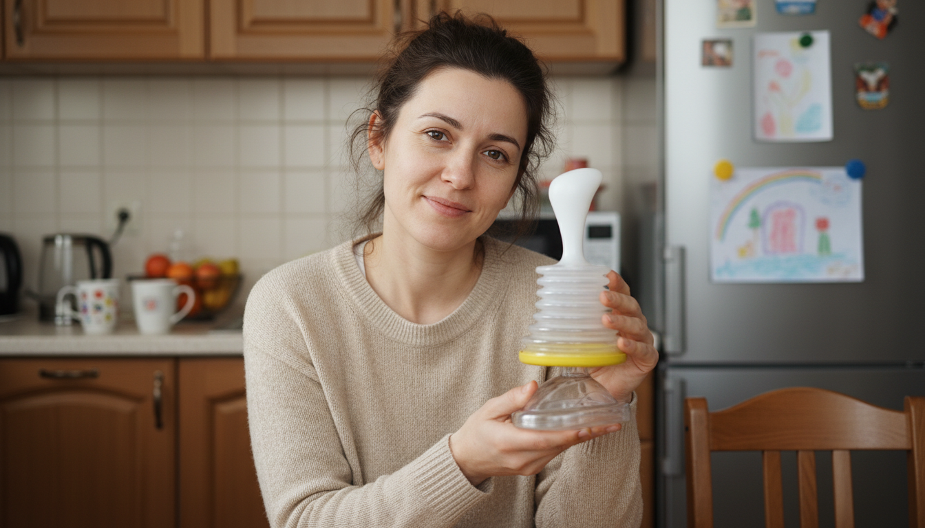 Maria, mamă din Cluj, ținând dispozitivul ProtectAir care i-a salvat nepoțelul