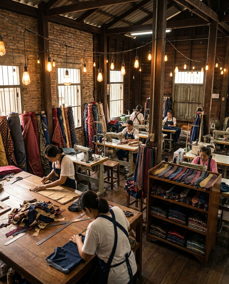 Bangkok workshop with thread spools and cutting bench