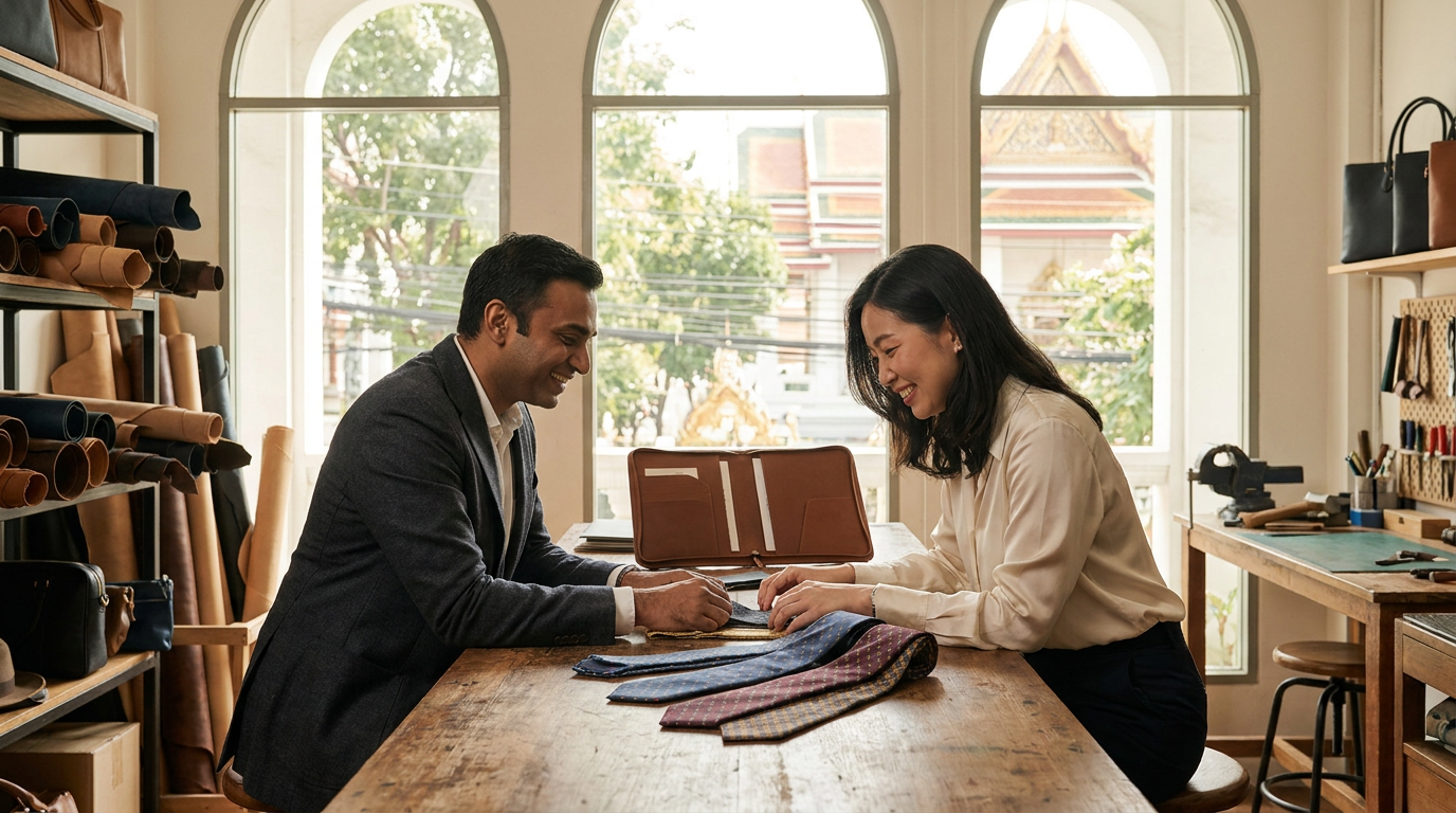 A client and an SHH partner reviewing a custom leather portfolio and neckties together at a table in the Bangkok atelier