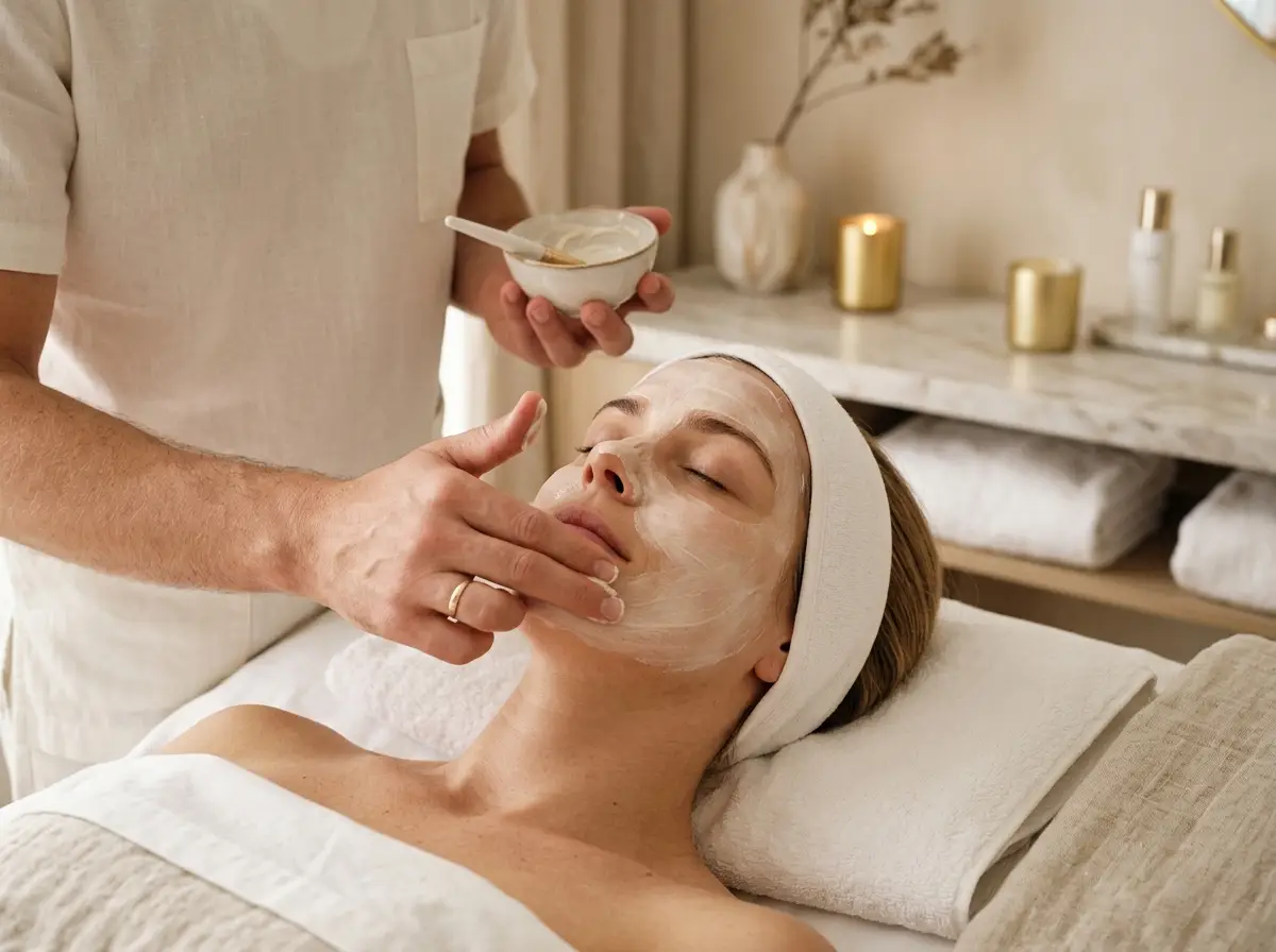 Gesichtsbehandlung – Creme-Maske wird sanft aufgetragen