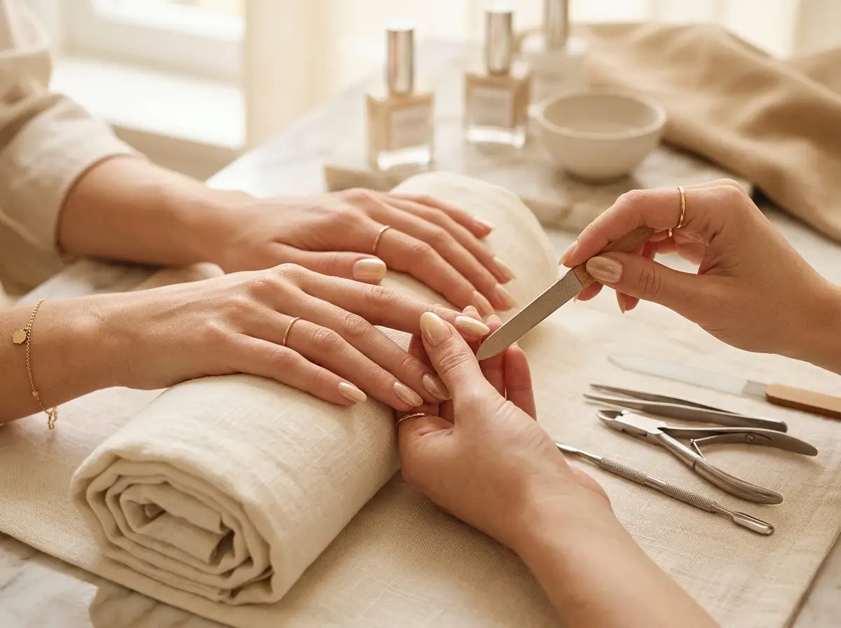Maniküre – Hände auf weichem Handtuch