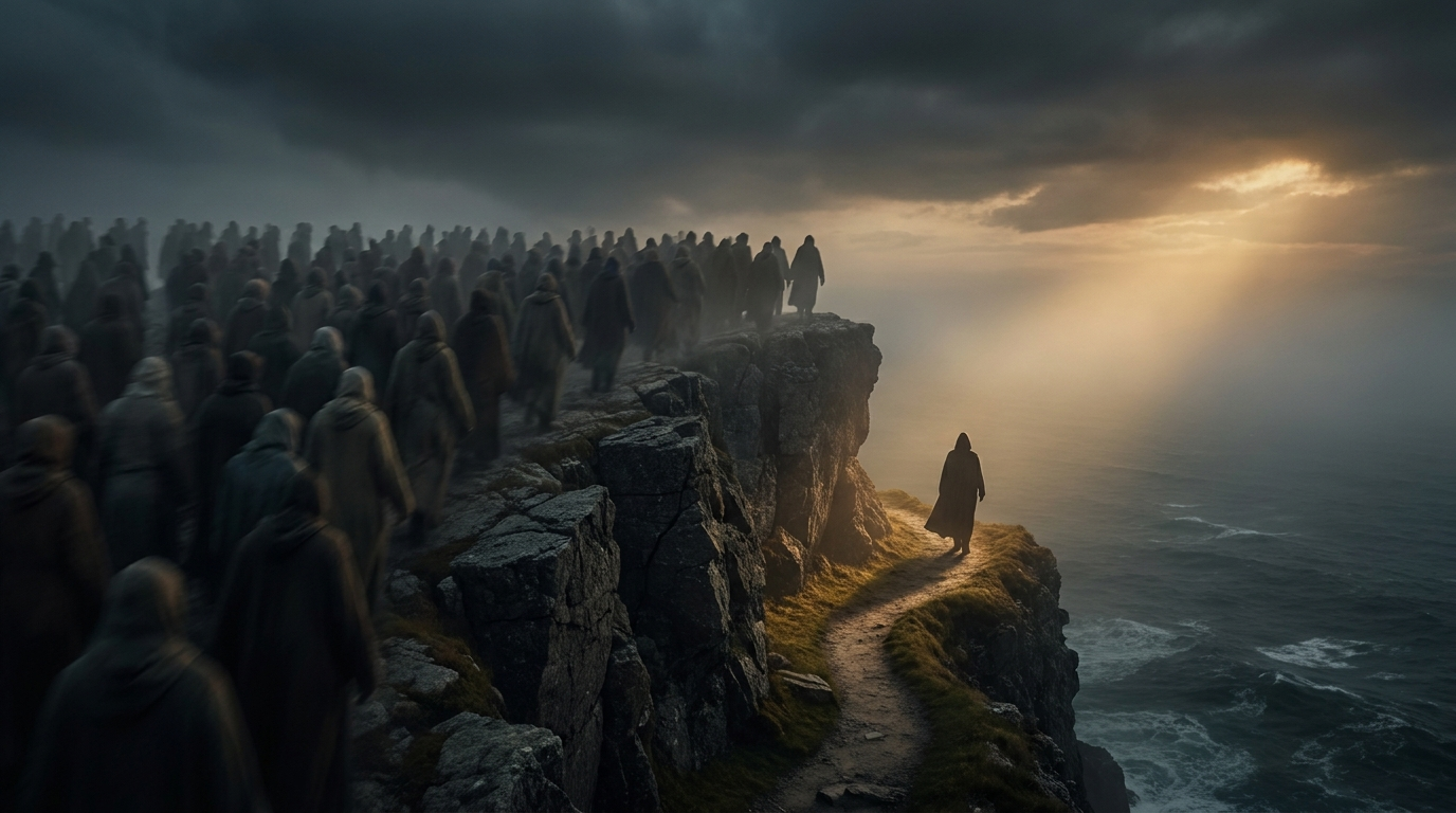 Dramatic concept of independent trader walking away from the crowd