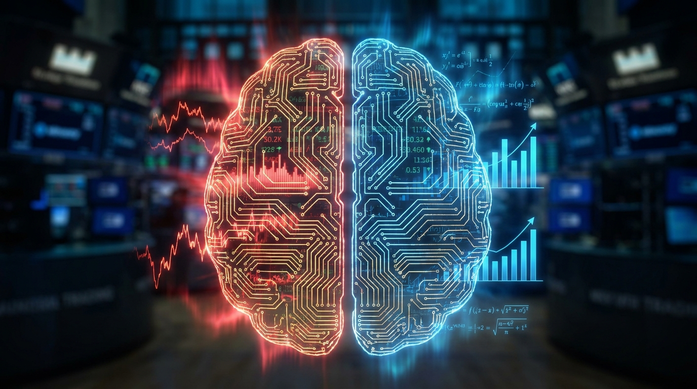 Trading psychology concept with brain made of golden circuitry