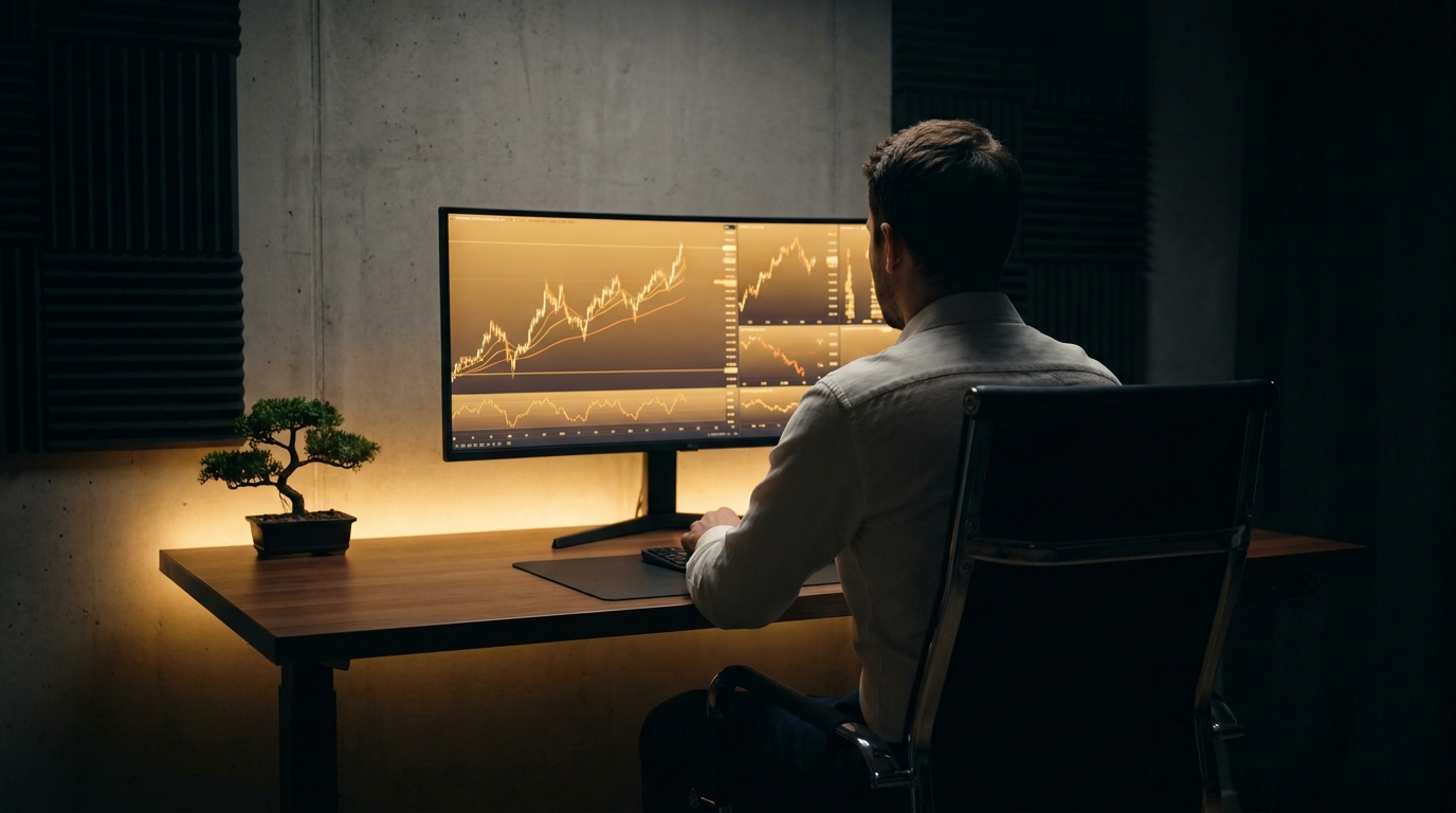 Lone professional trader with discipline and focus at minimalist desk