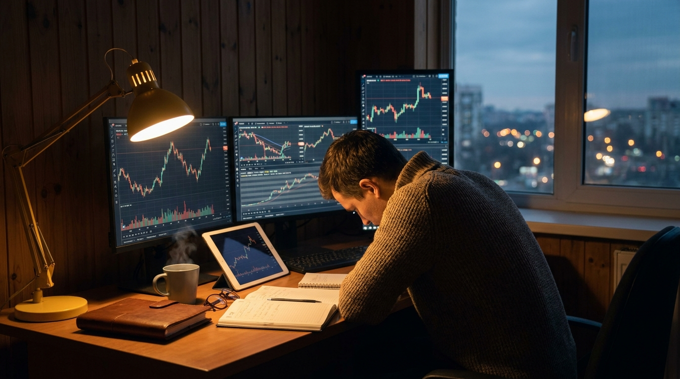 Sunday trading preparation with analyst reviewing charts at desk