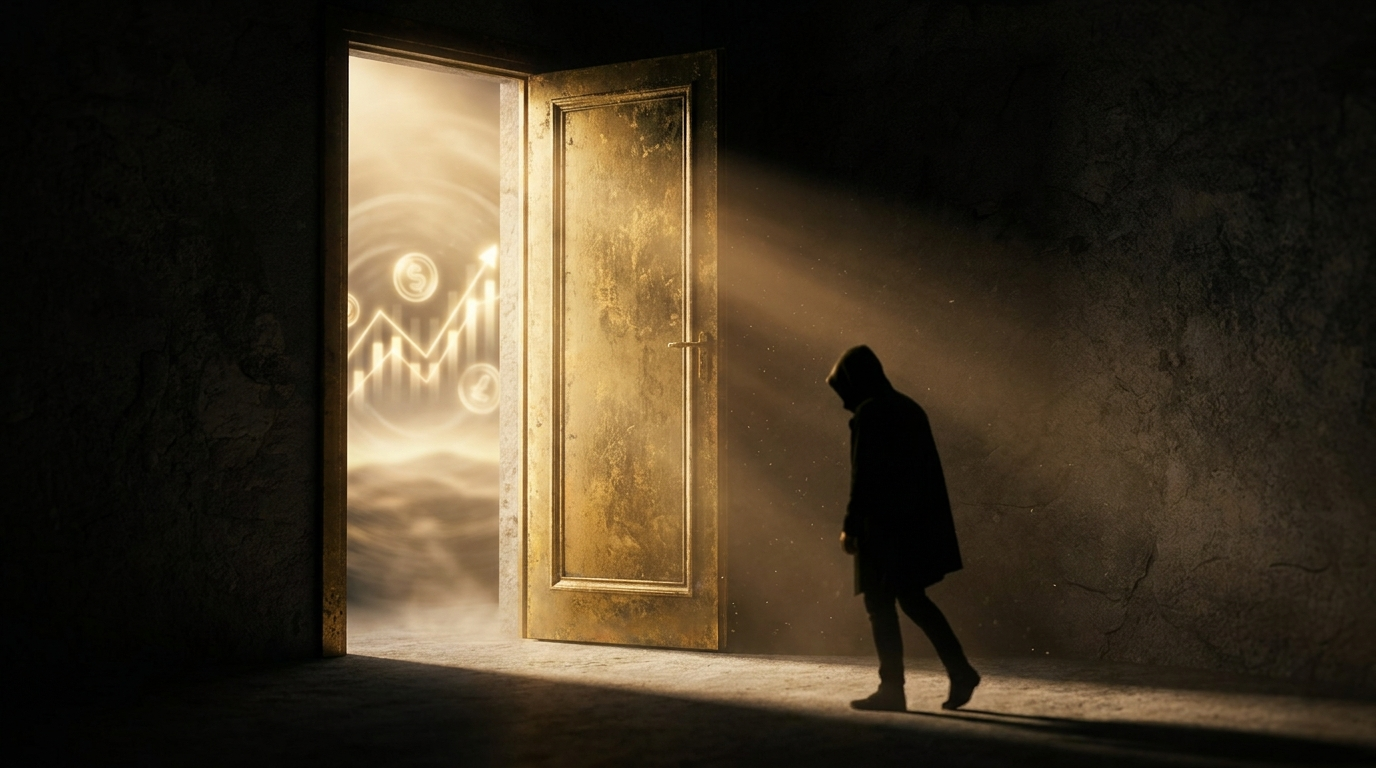 Selling too early concept with half-open golden door revealing missed opportunity