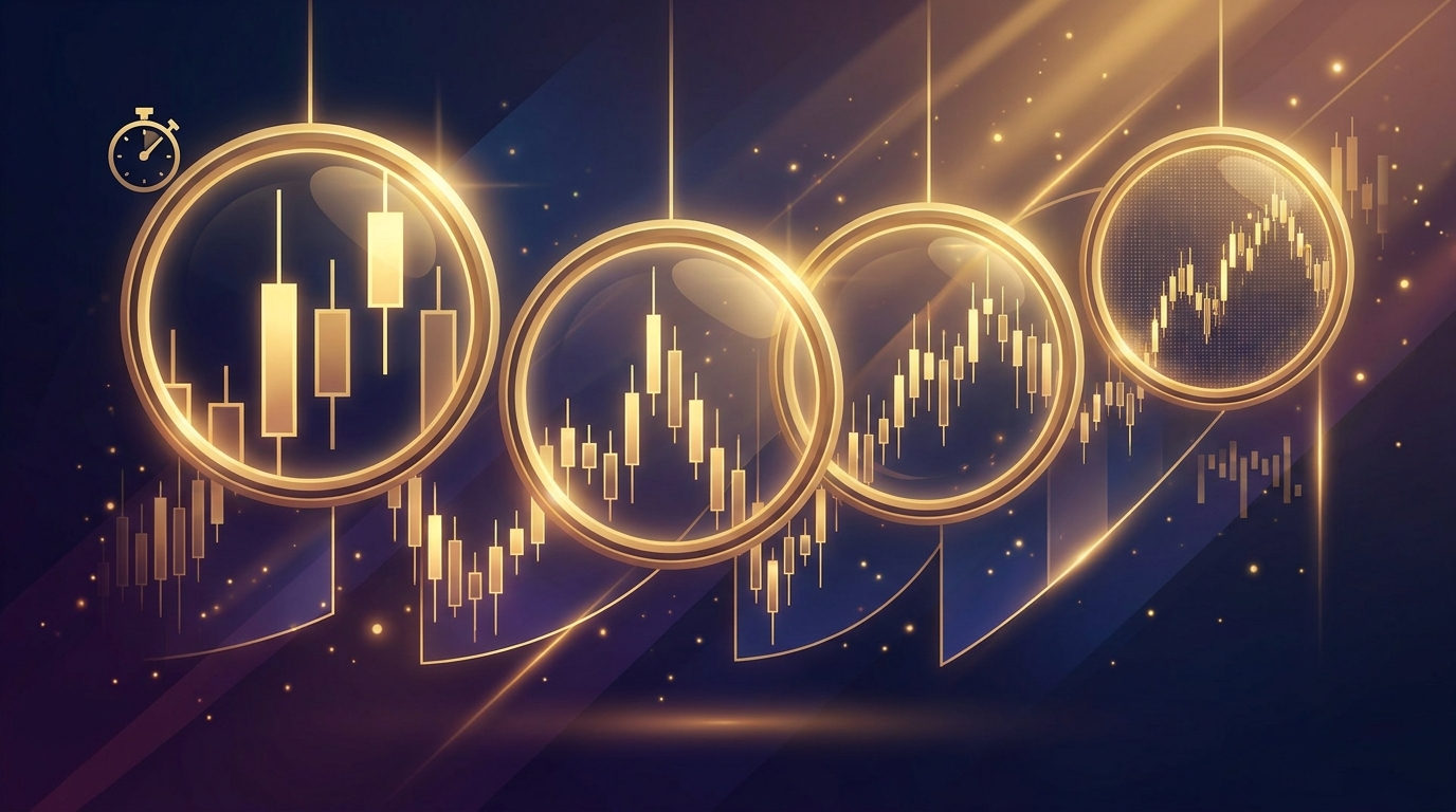 Timeframes as lenses with magnifying glasses over candlestick charts