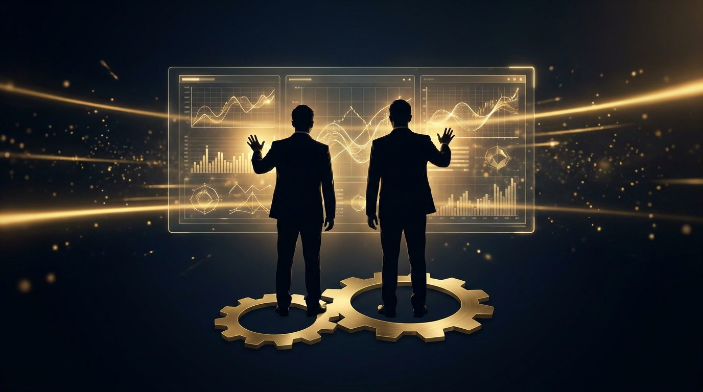 Trading partnership with two silhouettes analyzing charts together
