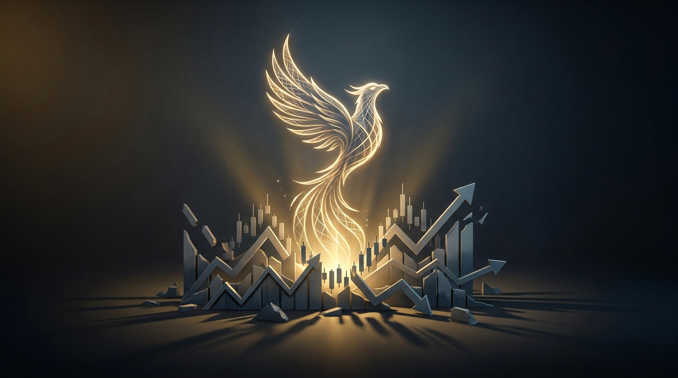 Phoenix rising from fallen charts symbolizing trading loss recovery