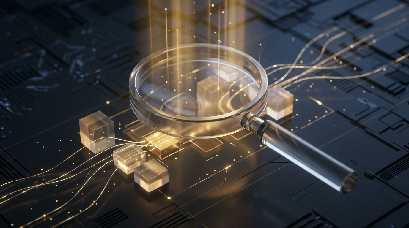 Trade review process with magnifying glass over performance metrics