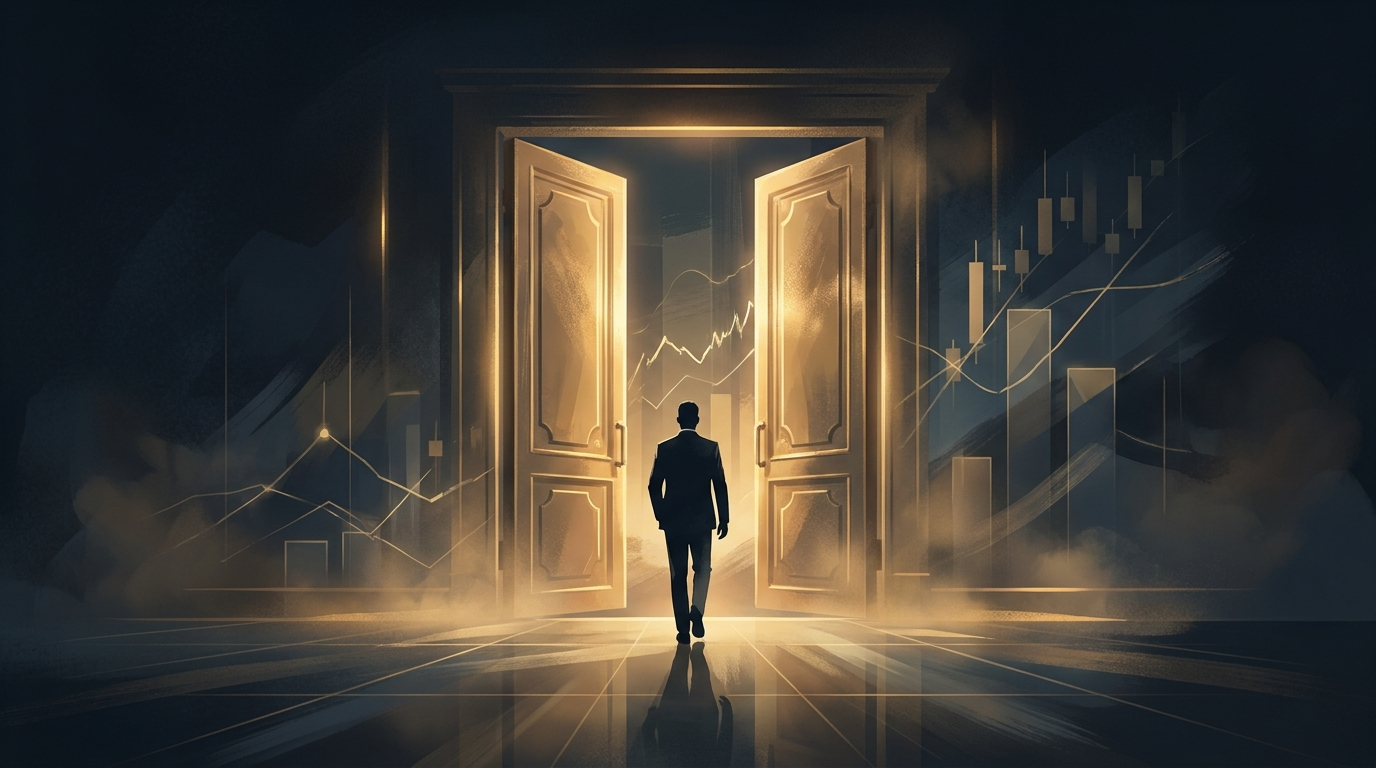 Calm exit through golden doors away from trading