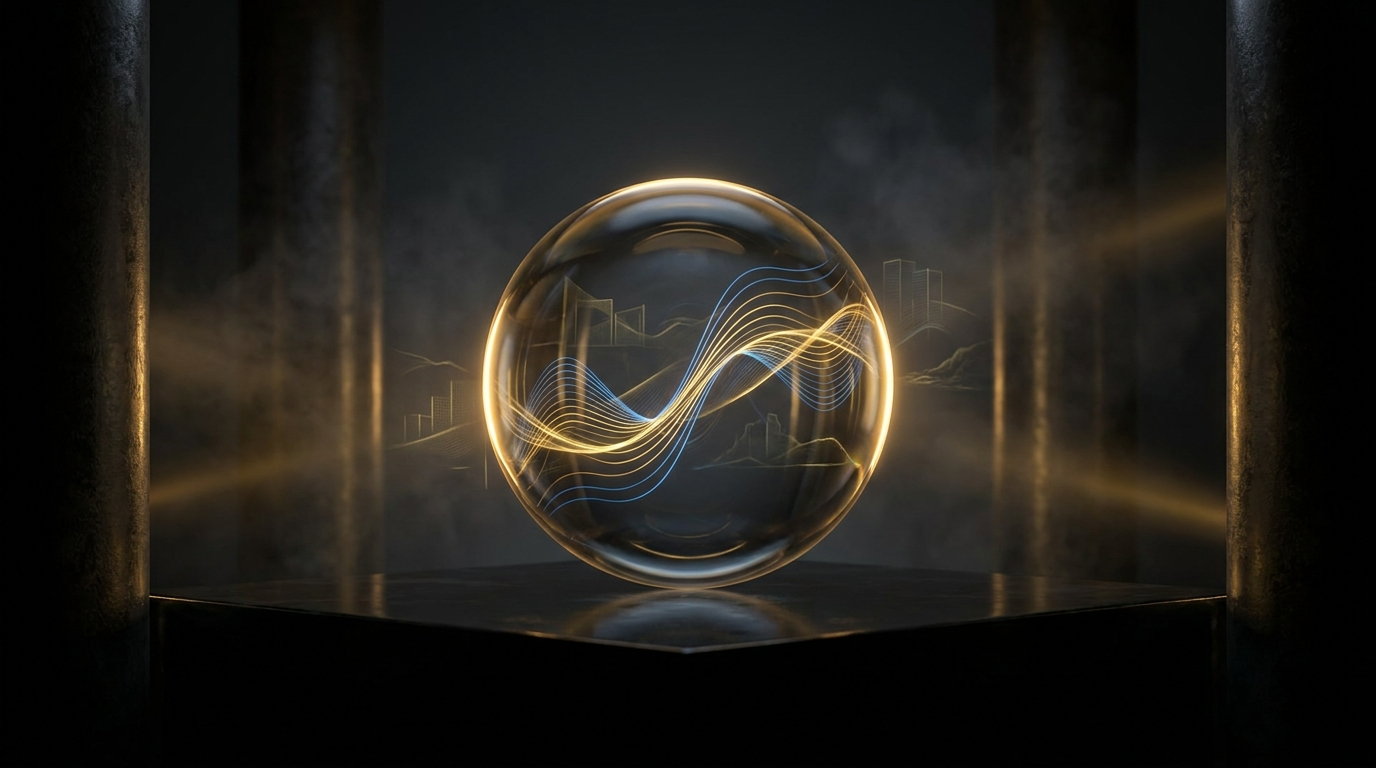 Bond market crystal ball with yield curves reflecting economic conditions