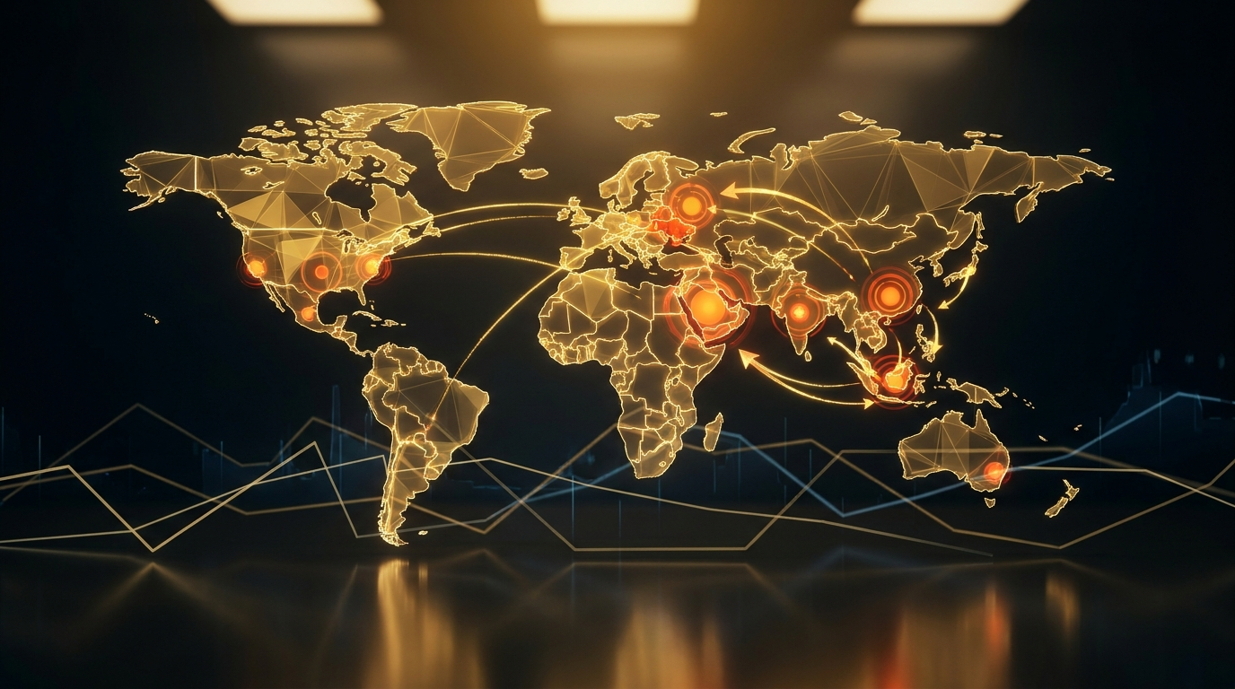 Geopolitical risk with world map showing hotspots affecting markets