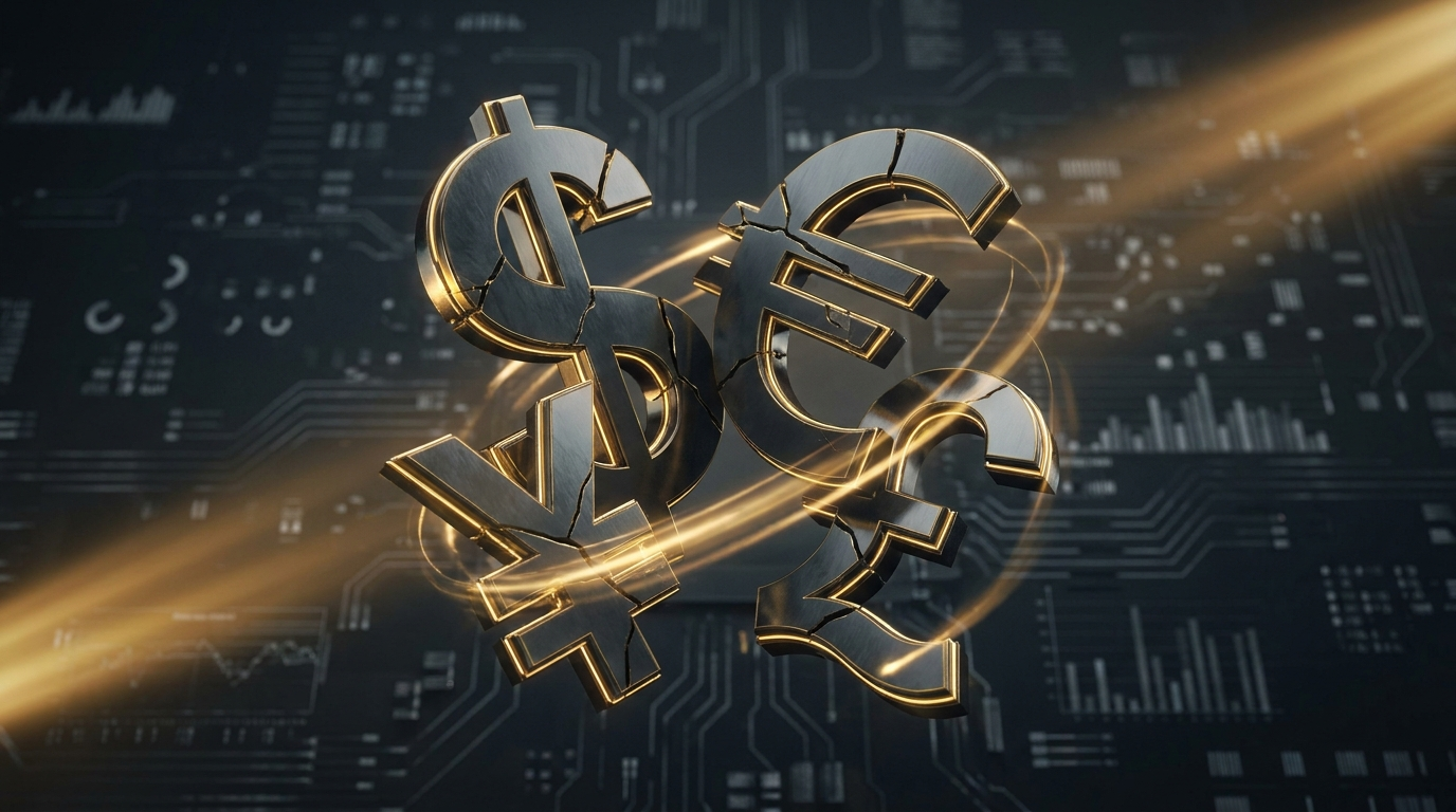 Currency wars with major currency symbols clashing in forex battleground