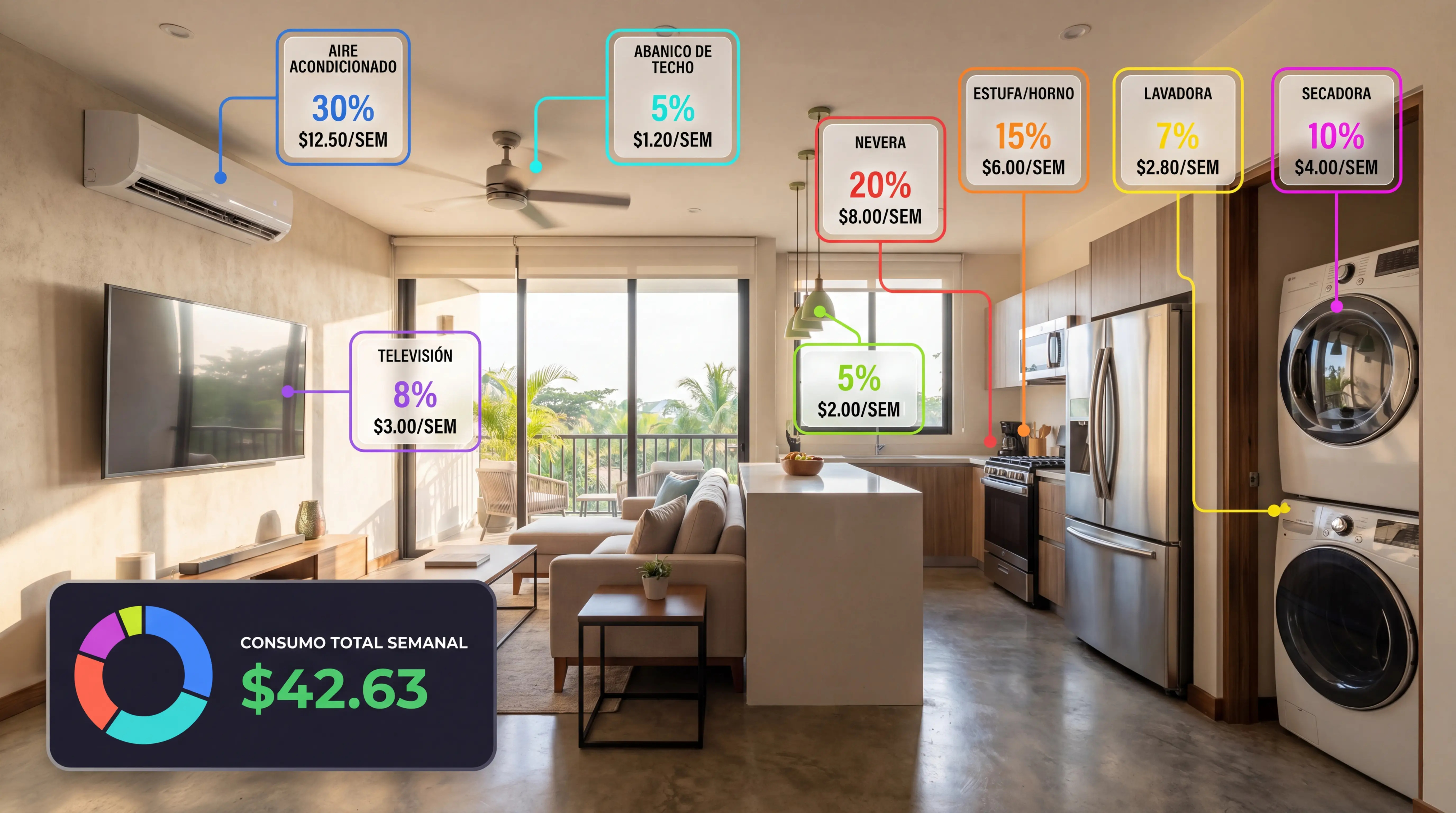 Vista del hogar con consumo eléctrico por aparato en tiempo real