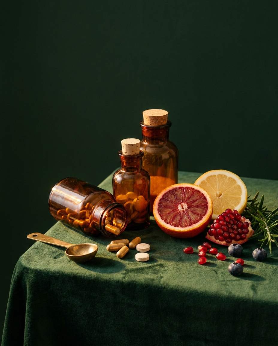 Флаконы с добавками, капсулы и свежие фрукты