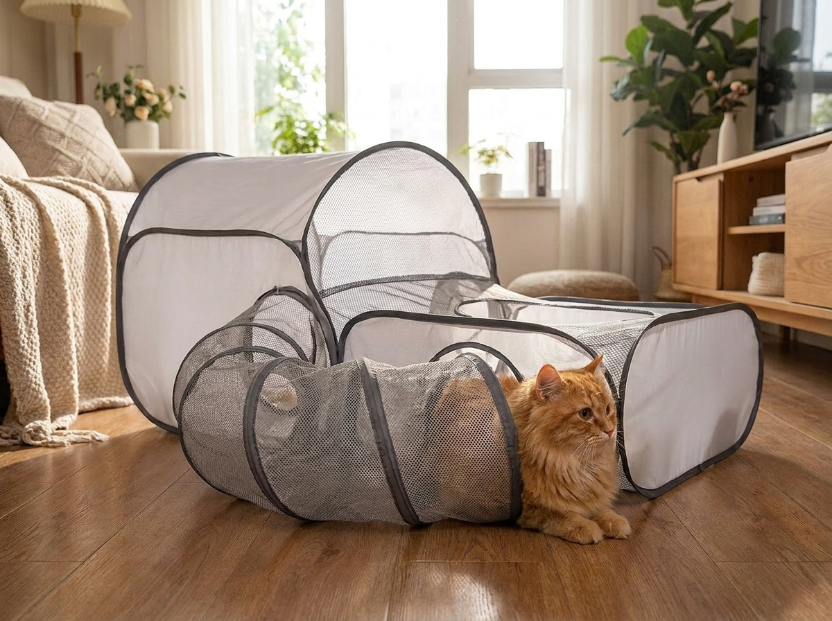 Kat piept uit de tunnel van de Catlounge
