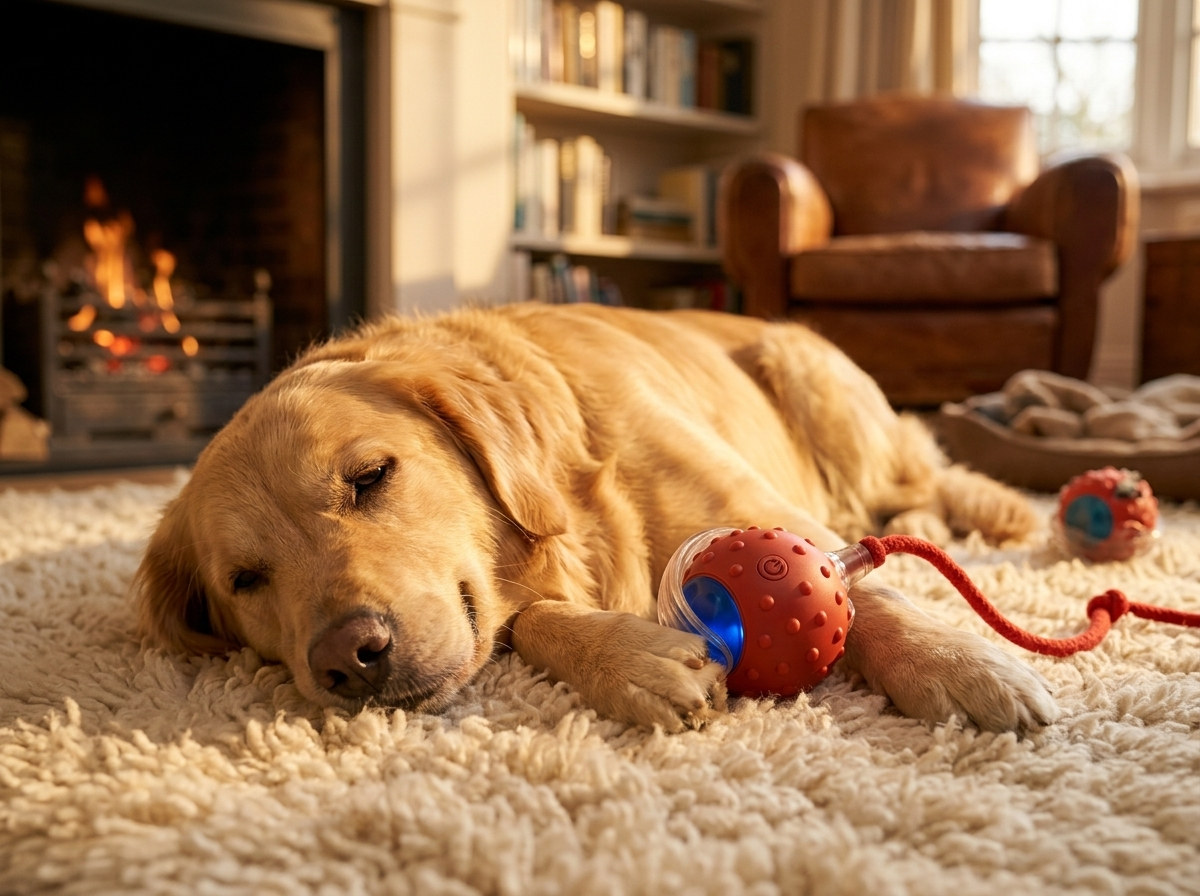 Ontspannen hond na het spelen