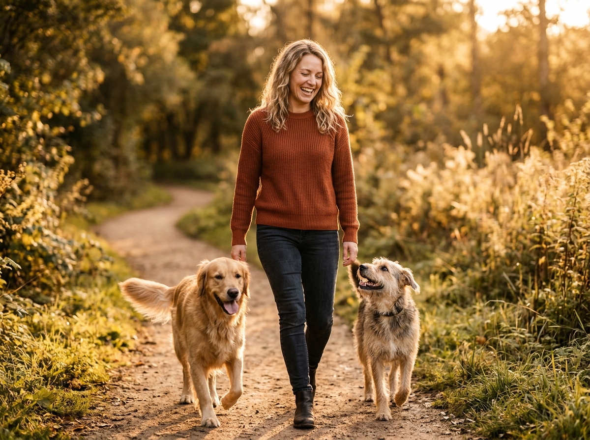 Vrouw joggend met twee honden bij zonsondergang